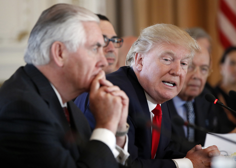 President Donald Trump joined by Secretary of State Rex Tillerson left speaks during a bilateral meeting with Chinese President Xi Jinping at Mar-a Lago in Palm Beach Fla. Lambasted for his low-key diplomacy Tillerson