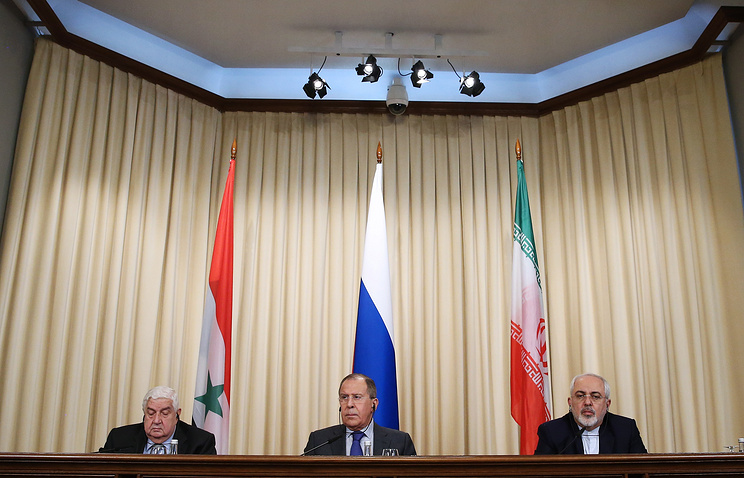 Syrian Russian and Iranian foreign ministers Walid Muallem Sergey Lavrov and Mohammad Javad Zarif