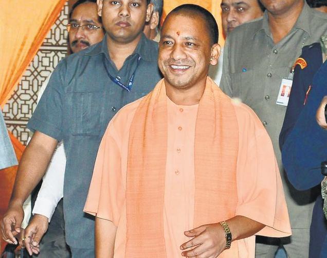 Uttar Pradesh Chief Minister Yogi Adityanath leaves after his first Cabinet meeting in Lucknow on Tuesday