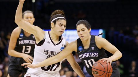 Washington guard Kelsey Plum drives past Mississippi State guard Dominique Dillingham left during the first half of a regional semifinal of the NCAA women's college basketball tournament Friday