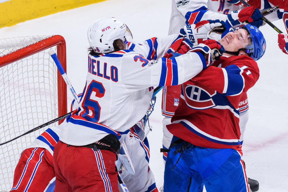 New York Rangers right wing Mats Zuccarello and Montreal Canadiens right wing Brendan Gallagher battle during the first period of Game One of the Eastern Conference First Round series of the 2017 NHL Stanley Cup Playoffs between the New York Ran