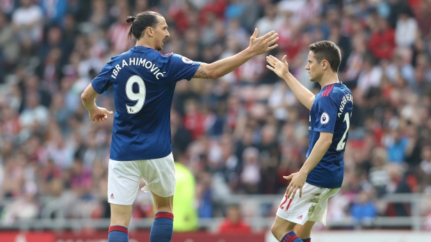 Zlatan Ibrahimovic and Ander Herrera celebrate goal