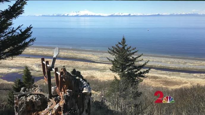 Anchor Point-and a view across the inlet to snow-capped volcanoes. Raynie Hamlin