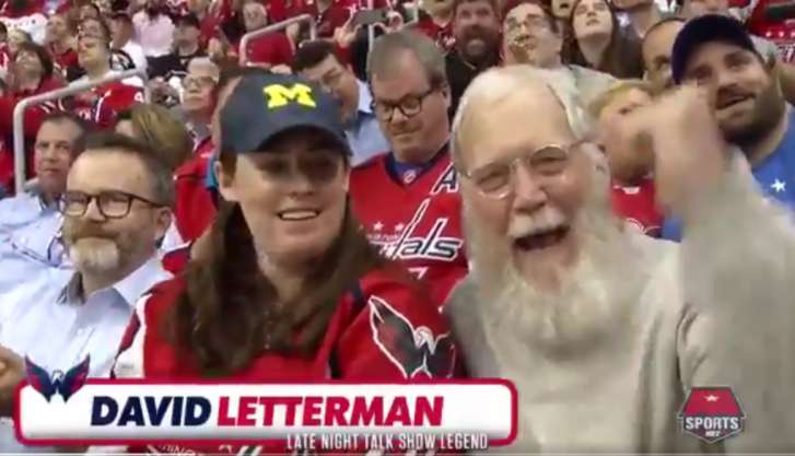 David Letterman cheering on the Caps during the opening game of the Stanley Cup against the Pittsburgh Penguins Thursday