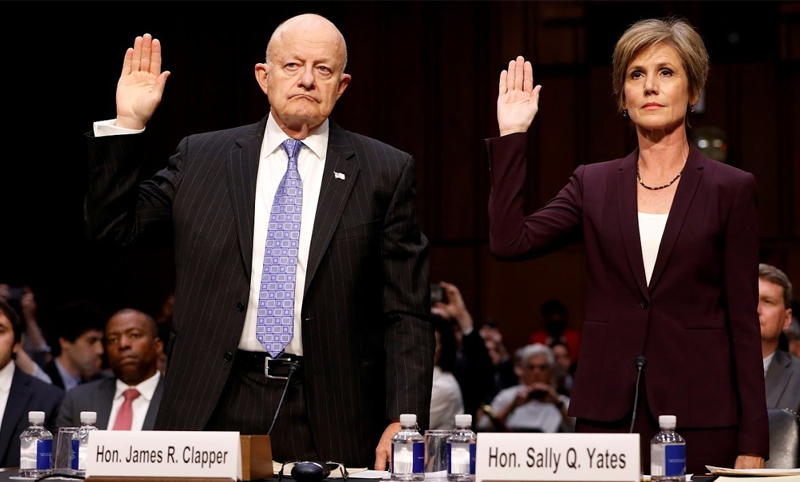 Former Director for National Intelligence James Clapper and former Assistant Attorney General Sally Yates are sworn in before testifying to Congress