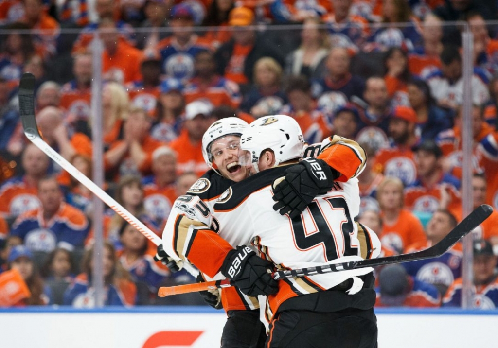 Jakob Silfverberg left and Josh Manson of the Anaheim Ducks celebrate Silfverberg's goal against the Edmonton Oilers in Game 3 of the Western Conference semifinal on Sunday. The Ducks won 6-3