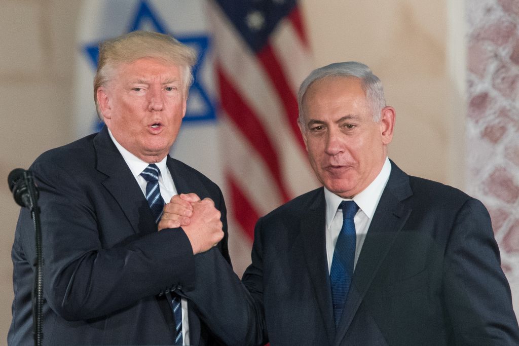 US president Donald Trump and Israeli Prime Minister Benjamin Netanyahu arrive to give their final remarks at the Israel Museum in Jerusalem before Trump departure