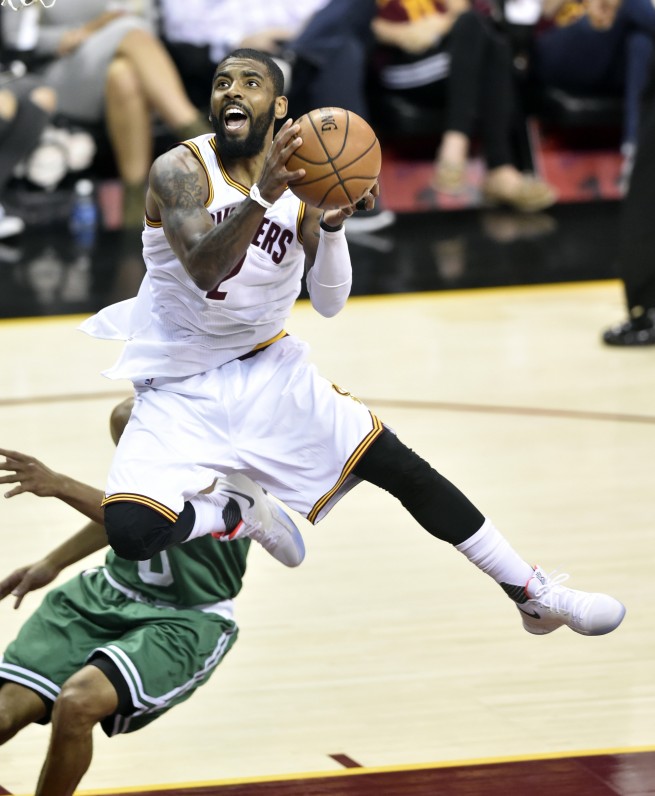 Cleveland OH USA Cleveland Cavaliers guard Kyrie Irving drives to the basket in the first quarter against the Boston Celtics in game four of the Eastern conference finals of the NBA Playoffs at Quicken Loans Arena. Mandatory Credit D