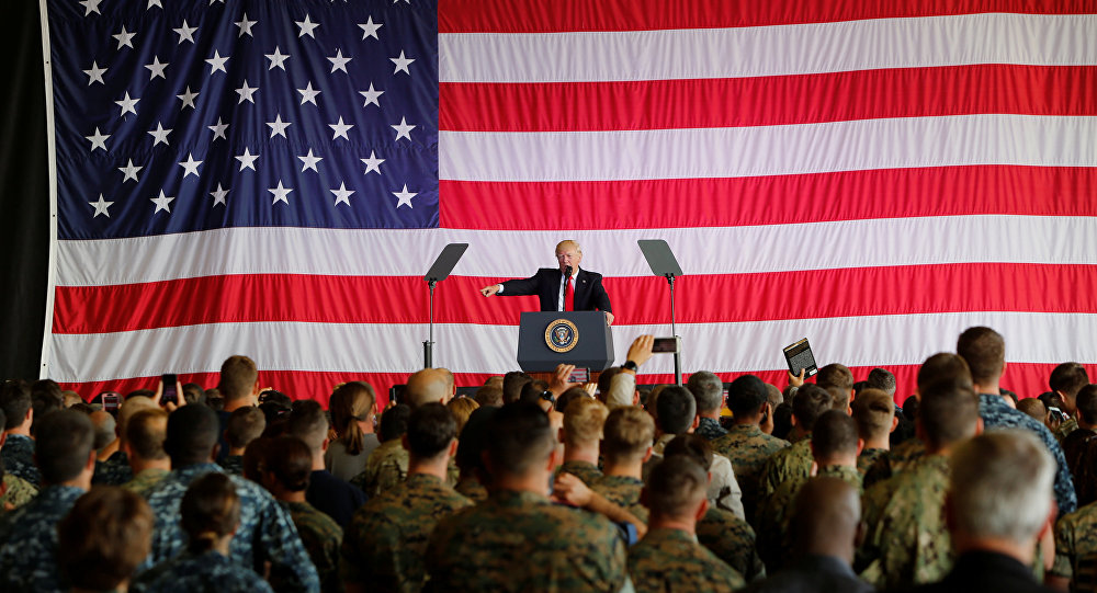 U.S. President Donald Trump delivers remarks to U.S. military personnel at Naval Air Station Sigonella following the G7 Summit in Sigonella Sicily Italy