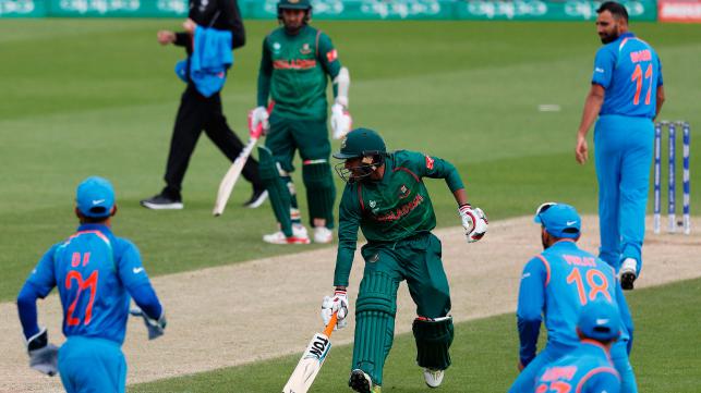 Bangladesh`s Mehedi Hasan Miraz returns to his crease during the ICC Champions Trophy Warm-up cricket match between India and Bangladesh at The Oval in London on 30 May 2017