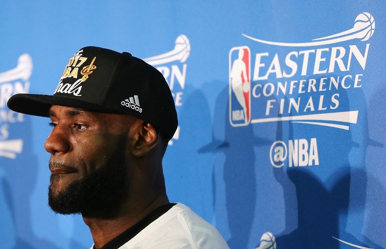 LeBron James of the Cleveland Cavaliers looks on during the trophy presentation after Game Five of the 2017 NBA Eastern Conference Finals