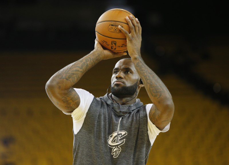 Jun 1 2017 Oakland CA USA Cleveland Cavaliers forward Le Bron James warms up before game one of the Finals for the 2017 NBA Playoffs aga