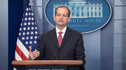 US Labor Secretary Alexander Acosta speaks during the briefing at the White House in Washington DC