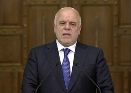 A still image taken from a video shows Iraqi Prime Minister Haider Al Abadi speaking as he makes a statement in Baghdad Iraq