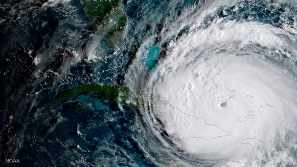 Hurricane Irma is driving toward Florida passing the eastern end of Cuba in this NASA's GOES-16 satellite image taken at about 0800 EDT