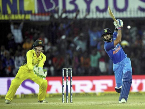 Indian cricket team captain Virat Kohli plays a shot during the 3rd ODI cricket match against Australia at Holkar Stadium in Indore on Sunday. PTI