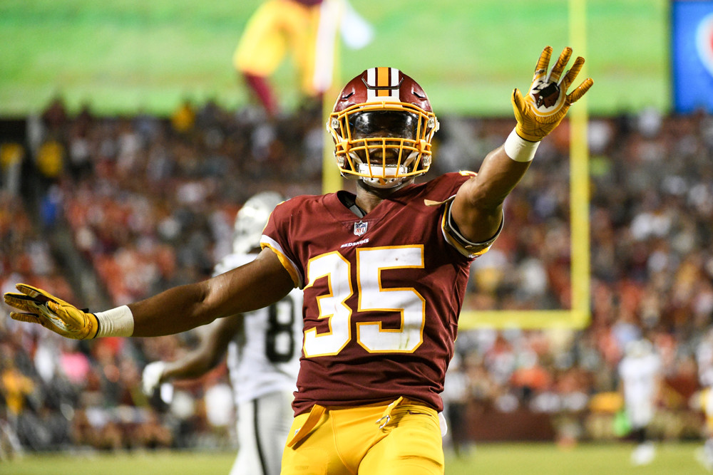 LANDOVER MD- SEPTEMBER 24 Washington Redskins strong safety Montae Nicholson reacts after breaking up a pass in the fourth quarter