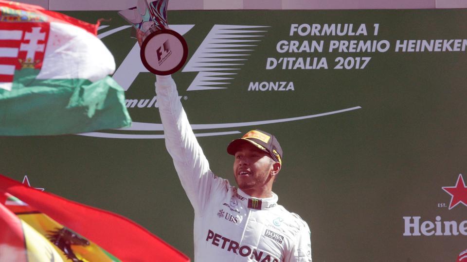 Mercedes Lewis Hamilton celebrates winning the Italian GP race in Monza