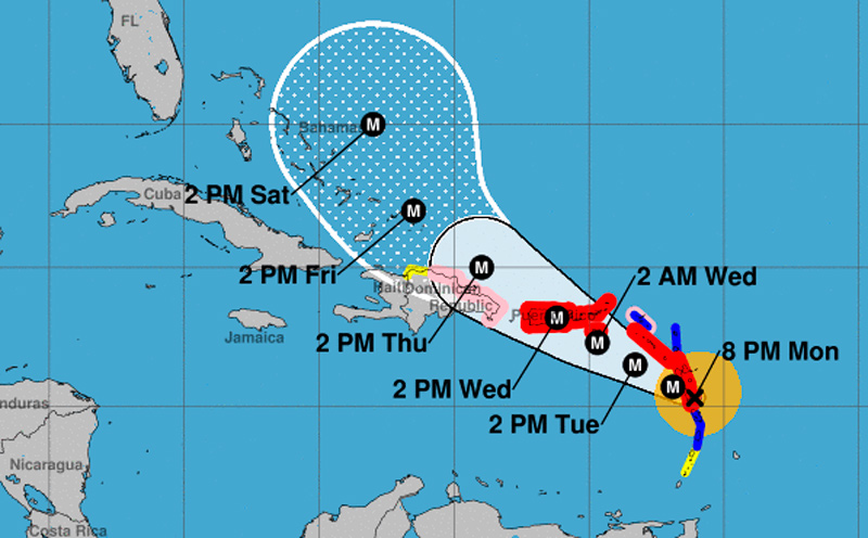 Projection cone of hurricane Maria at 8 PM EDT on Monday Sept. 18. National Hurricane Center