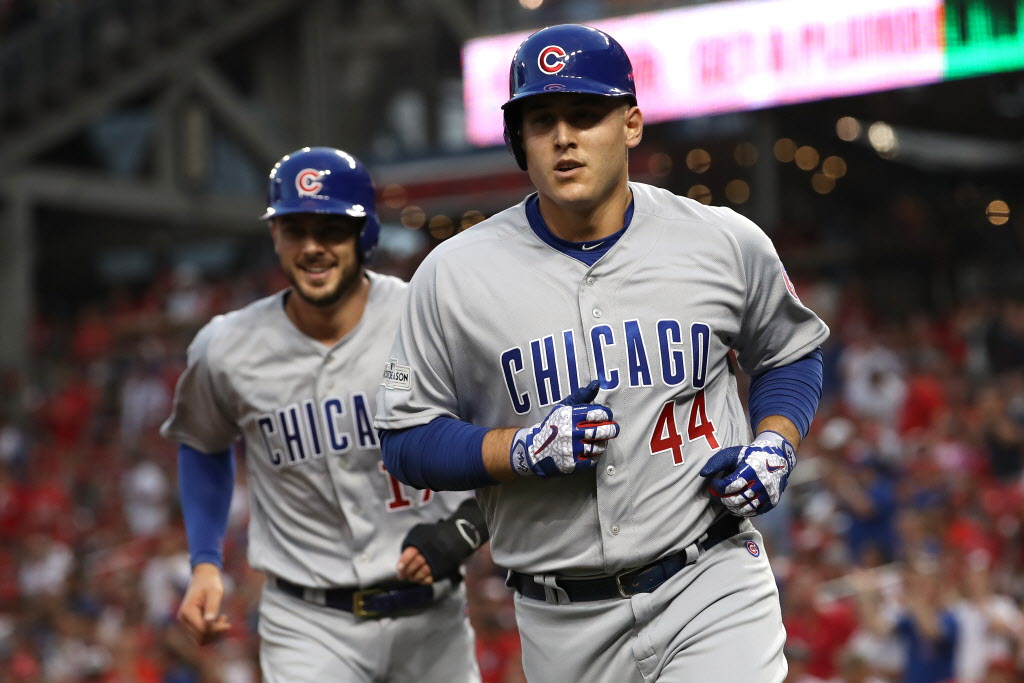 Anthony Rizzo celebrates after hitting a two-run home run against the Nationals on Saturday