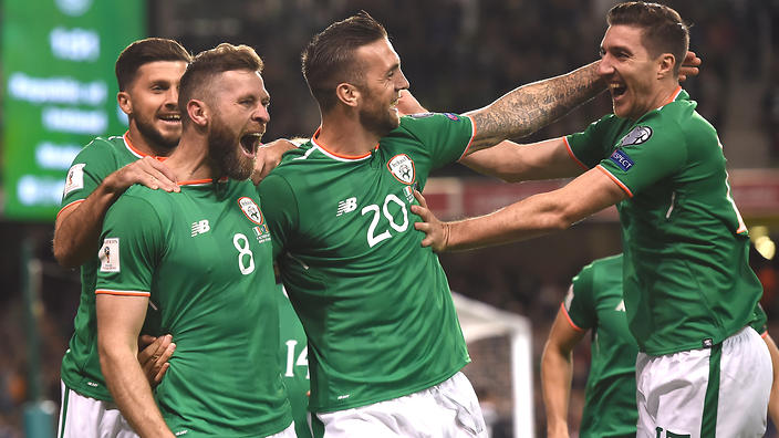 Daryl Murphy second left celebrates after netting his and the Republic of Ireland's opener