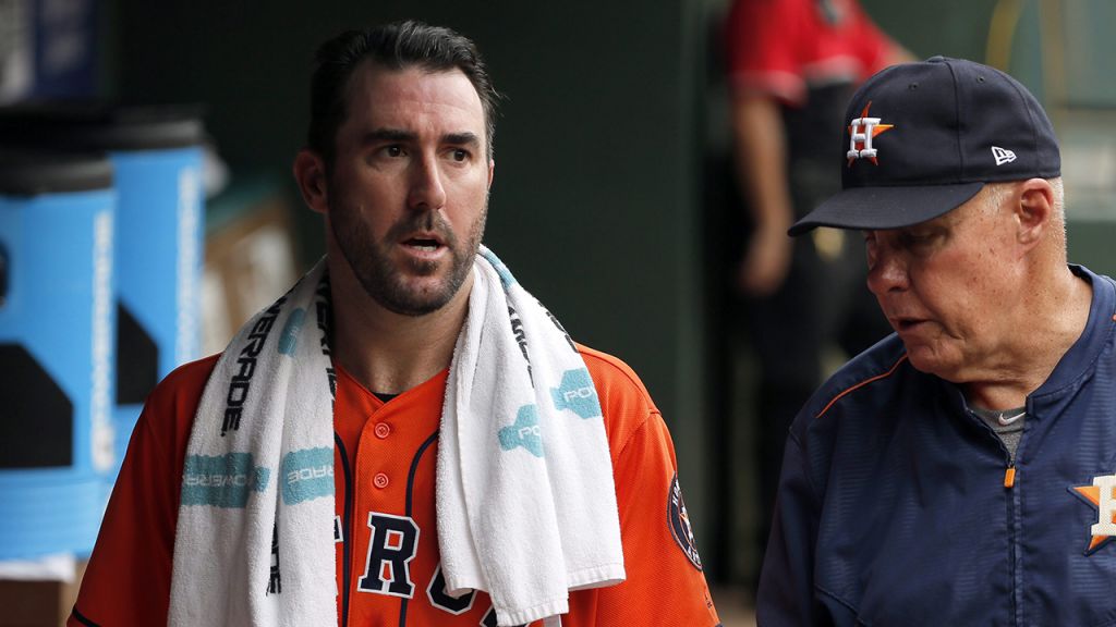 Houston Astros starting pitcher Justin Verlander talks with pitching coach Brent Strom in September