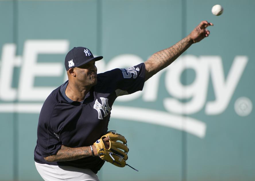 New York Yankees starting pitcher CC Sabathia warms up before Game 1 of baseball's American League Division Series against the Cleveland Indians Thursday Oct. 5 2017 in Cleveland. Sabathia is scheduled to pitch against the Indians Friday in Game 2. (A