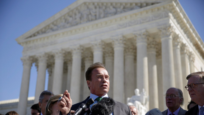 Former California Governor Arnold Schwarzenegger speaks after court to call for an end to partisan gerrymandering in electoral districts at the Supreme Court. REUTERS  Joshua Roberts