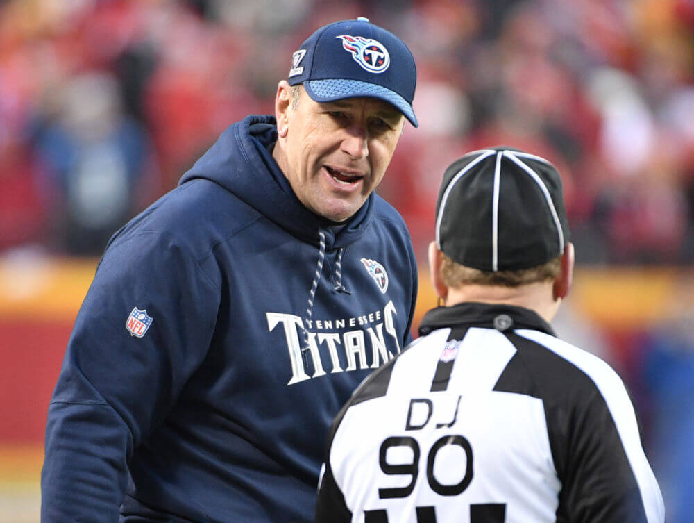 Jan 6 2018 Kansas City MO USA Tennessee Titans head coach Mike Mularkey talks with an official during the second quarter in the AFC Wild Card playoff football game against the Kansas City Chiefs at Arrowhead Stadium. Mandatory Credit Denny Medley-US