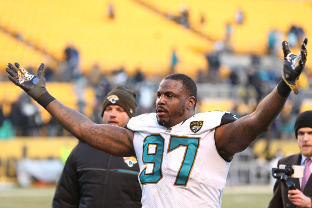 Jan 14 2018 Pittsburgh PA USA Jacksonville Jaguars defensive tackle Malik Jackson celebrates after defeating the Pittsburgh Steelers in the AFC Divisional Playoff game 45-42 at Heinz Field. Mandatory Credit Geoff Burke-USA TODAY Sports