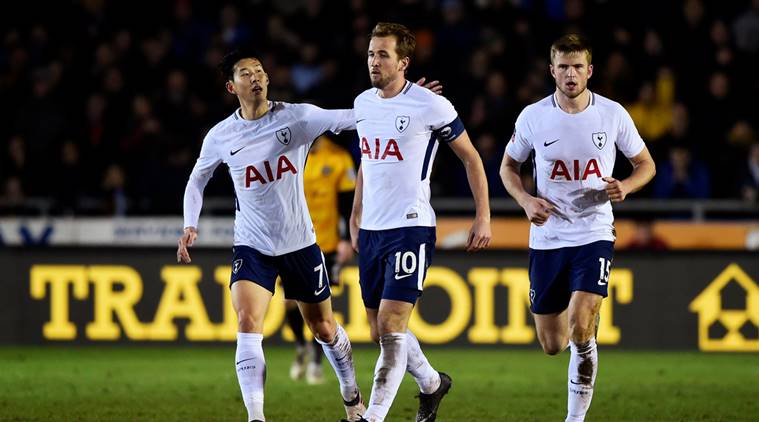 Harry Kane and Spurs players run back after scoring against Newport in FA Cup