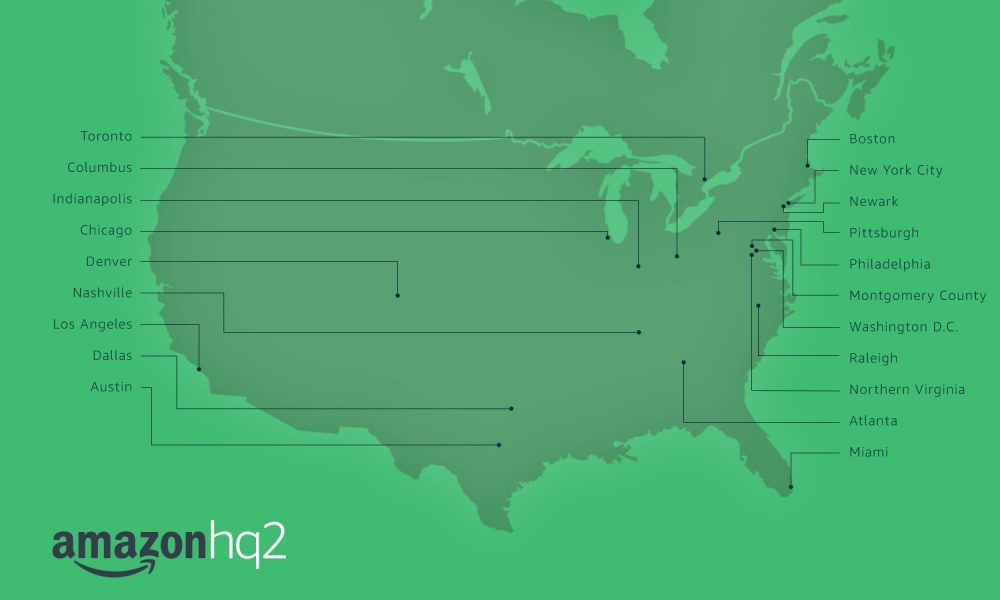 A map of the 20 final candidates for the second headquarters