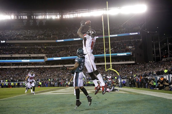 Atlanta wide receiver Julio Jones can't come down with the football in the fourth quarter of an NFL playoff game against the Philadelphia Eagles on Saturday Jan. 13 2018 at Lincoln Financial Field in Philadelphia