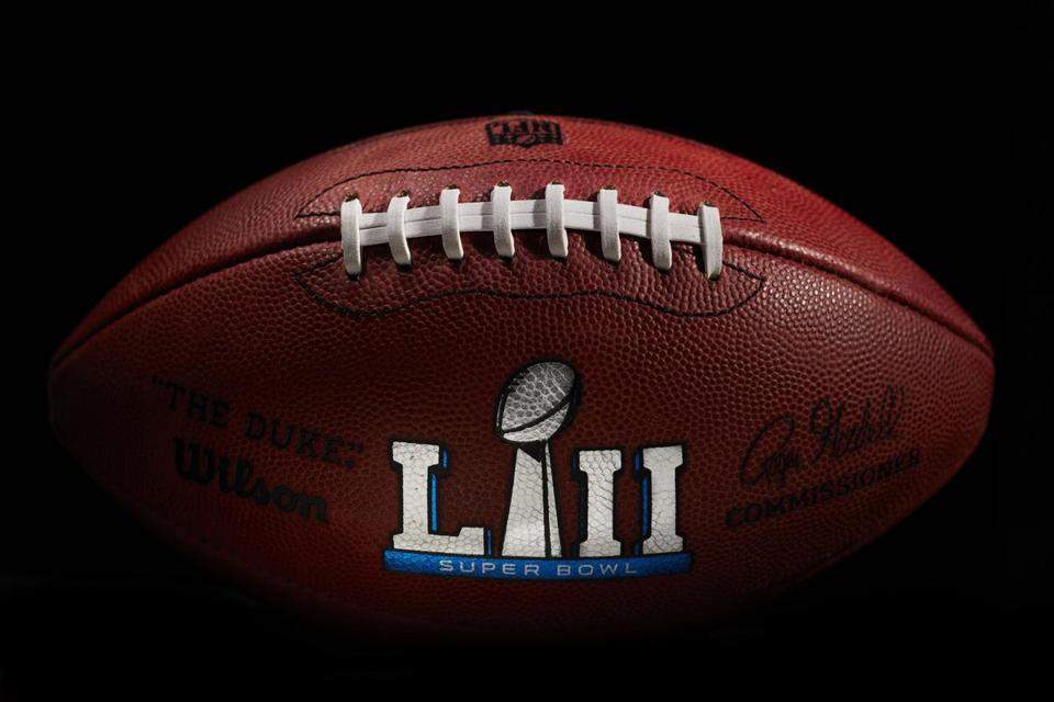 An official ball for the NFL Super Bowl LII football game from the Wilson Sporting Goods Co. in Ada Ohio Monday Jan. 22 2018. The New England Patriots will play the Philadelphia Eagles in the Super Bowl on Feb. 4 in Minneapolis MN. (AP