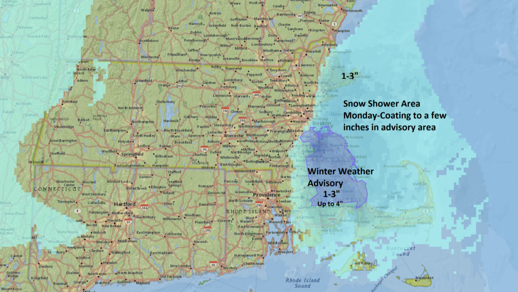 Snow showers will accumulate along the coast today