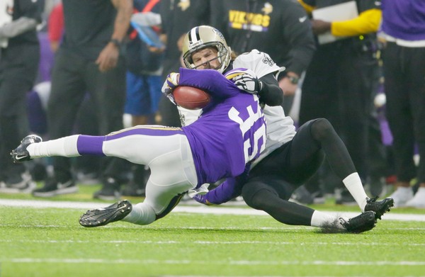 New Orleans Saints punter Thomas Morstead makes a touchdown-saving tackle of Minnesota Vikings punt returner Marcus Sherels in the first quarter of their NFC Divisional playoff game at U.S. Bank Stadium on Sunday Jan. 14 2018 in Minneapolis