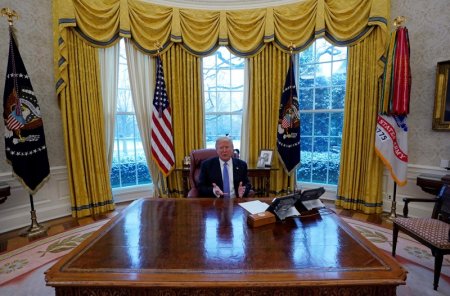 U.S. President Donald Trump gustures during an interview with Reuters at the White House in Washington U.S