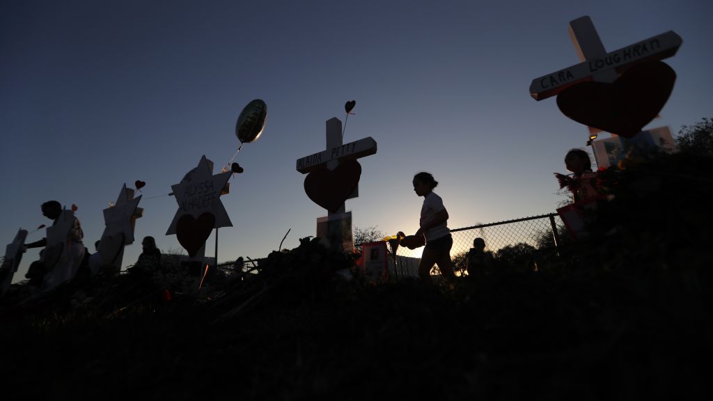 A makeshift memorial outside Marjory Stoneman Douglas High School