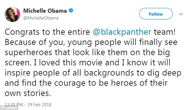 Mrs Obama wrote this tweet on Monday congratulating the cast and crew on their achievement.'Because of you young people will finally see superheroes that look like them on the big screen' she said