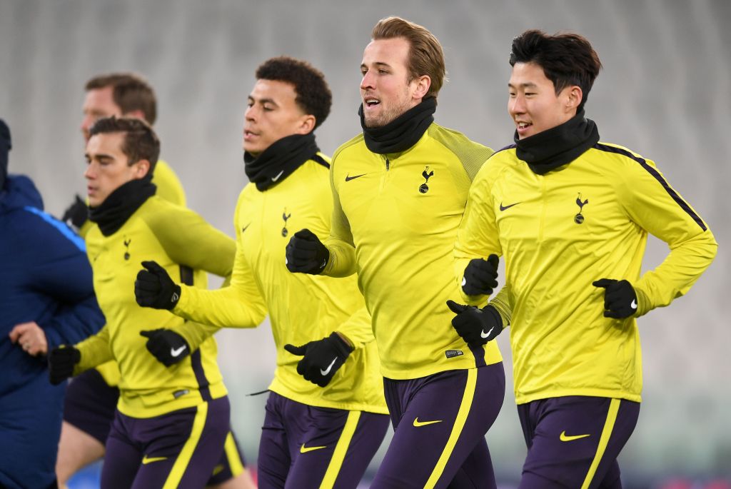 TURIN ITALY- FEBRUARY 12 Dele Alli of Tottenham Hotspur Harry Kane of Tottenham Hotspur and Heung Min Son of Tottenham Hotspur train during the Tottenham Hotspur FC Training Session ahead of there UEFA Champions League Round of 16 match against Juven