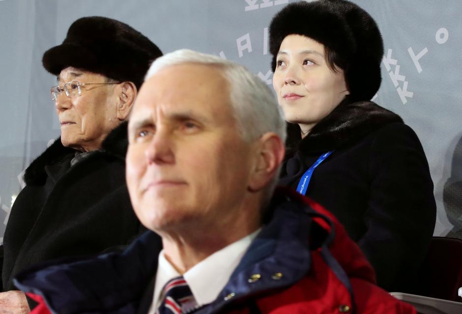 Mike Pence sitting in front of Kim Yo-jong the younger sister of Kim Jong-un