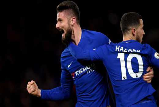 Olivier Giroud and Eden Hazard celebrate against West Brom