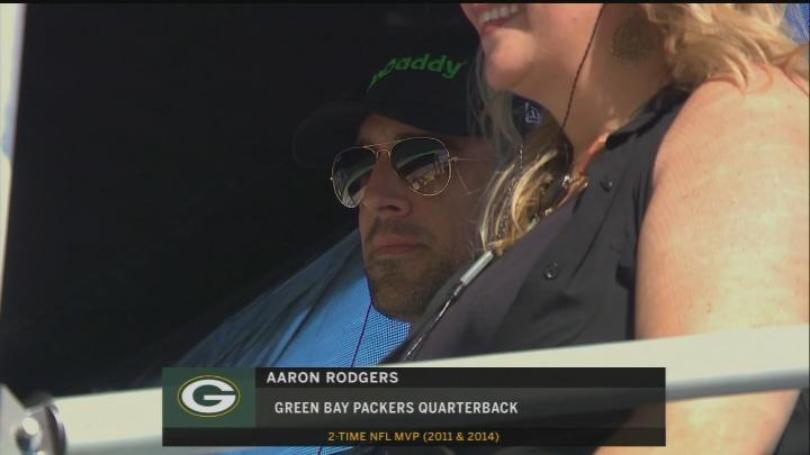 Packers quarterback Aaron Rodgers watches new girlfriend Danica Patrick race in the Daytona 500