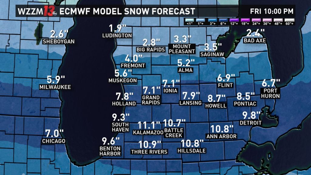 Snowfall amounts will vary considerably from south to north between Thursday night and Friday night