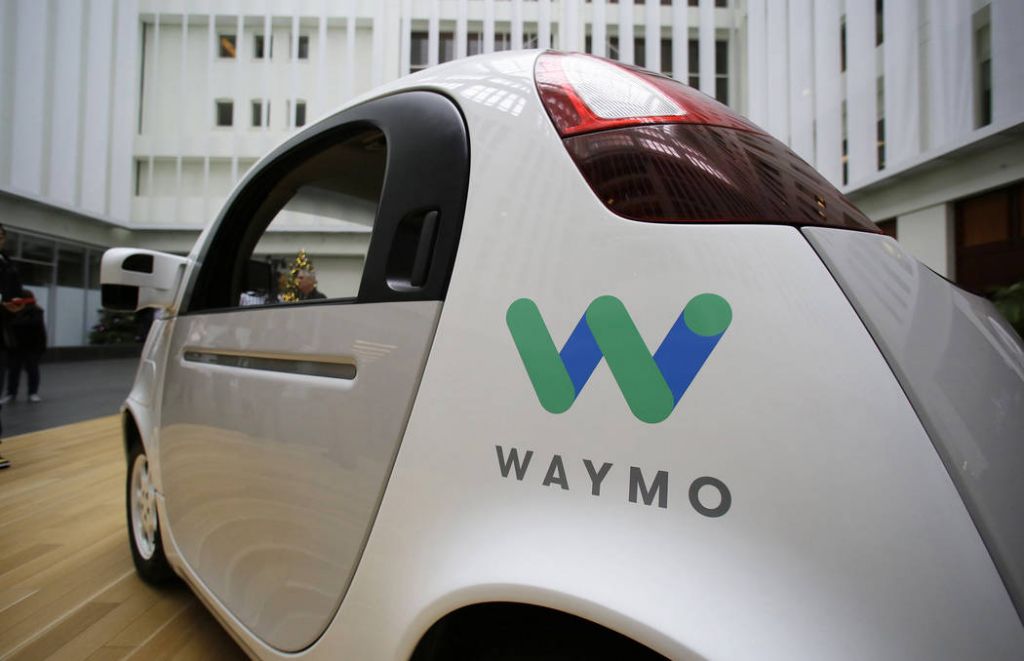 The Waymo driverless car is displayed during a Google event in San Francisco