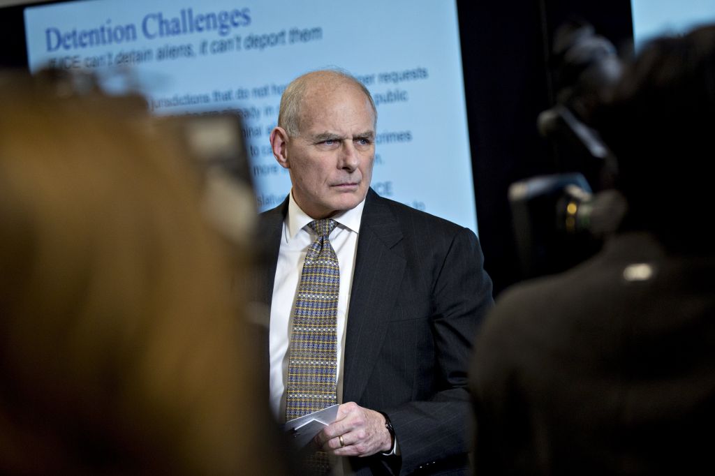 John Kelly White House chief of staff listen during a Customs and Border Protection roundtable discussion with at the CBP National Targeting Center in Sterling Virginia on Feb. 2 2018. MUST CREDIT Bloomberg