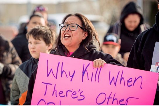 Colten Boushie's mother Debbie Baptiste addresses demonstrators gathered outside of the courthouse in North Battleford Sask