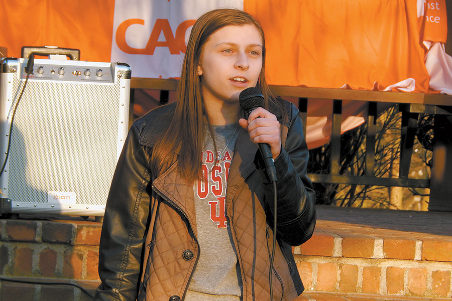 Wilton High School senior Emily Kesselman at a Teens Against Gun Violence rally organized by fellow Wilton student Isabella Segall on Feb. 21. — Kendra Baker