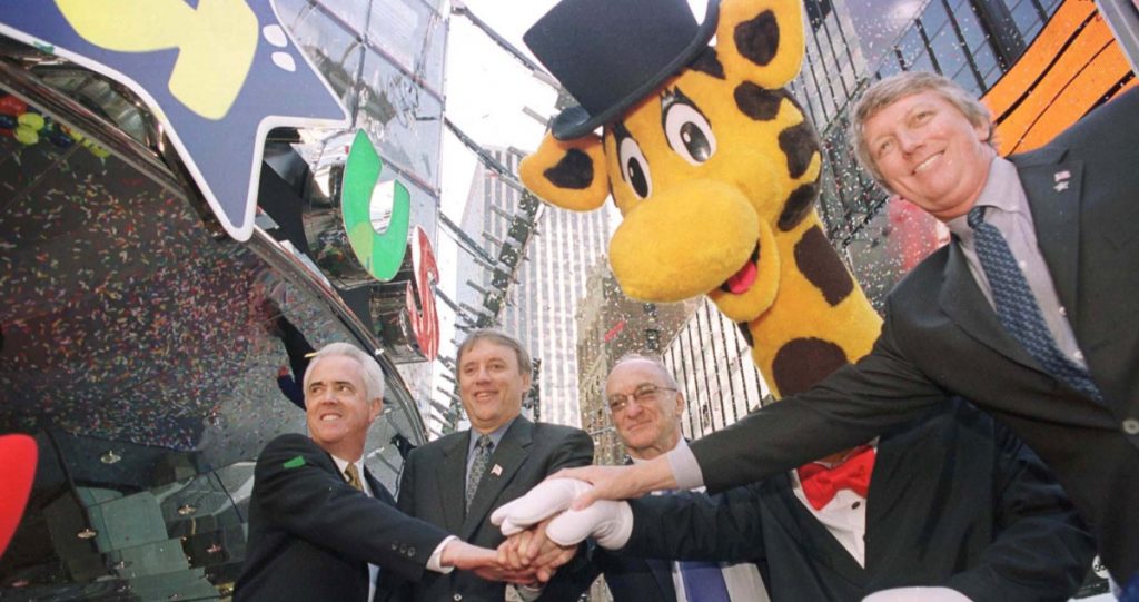 Toys R Us founder Charles Lazarus is shown second from right at the 2001 grand opening of the Toys R Us store in New York's Times Square. Also