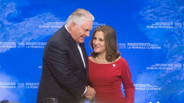 Minister of Foreign Affairs Chrystia Freeland greets Secretary of State of the United States Rex Tillerson during the meeting on Security and Stability on the Korean Peninsula in Vancouver Jan. 16 2018